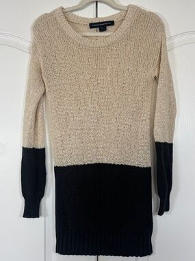 French Connection Colorblock Sweater Dress Cream Black Crewneck 100% Cotton XS